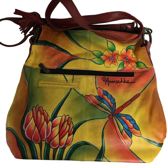 Anuschka NEVER USED Handpainted Leather Tote Shoulder Dragonfly Floral - Picture 4 of 13